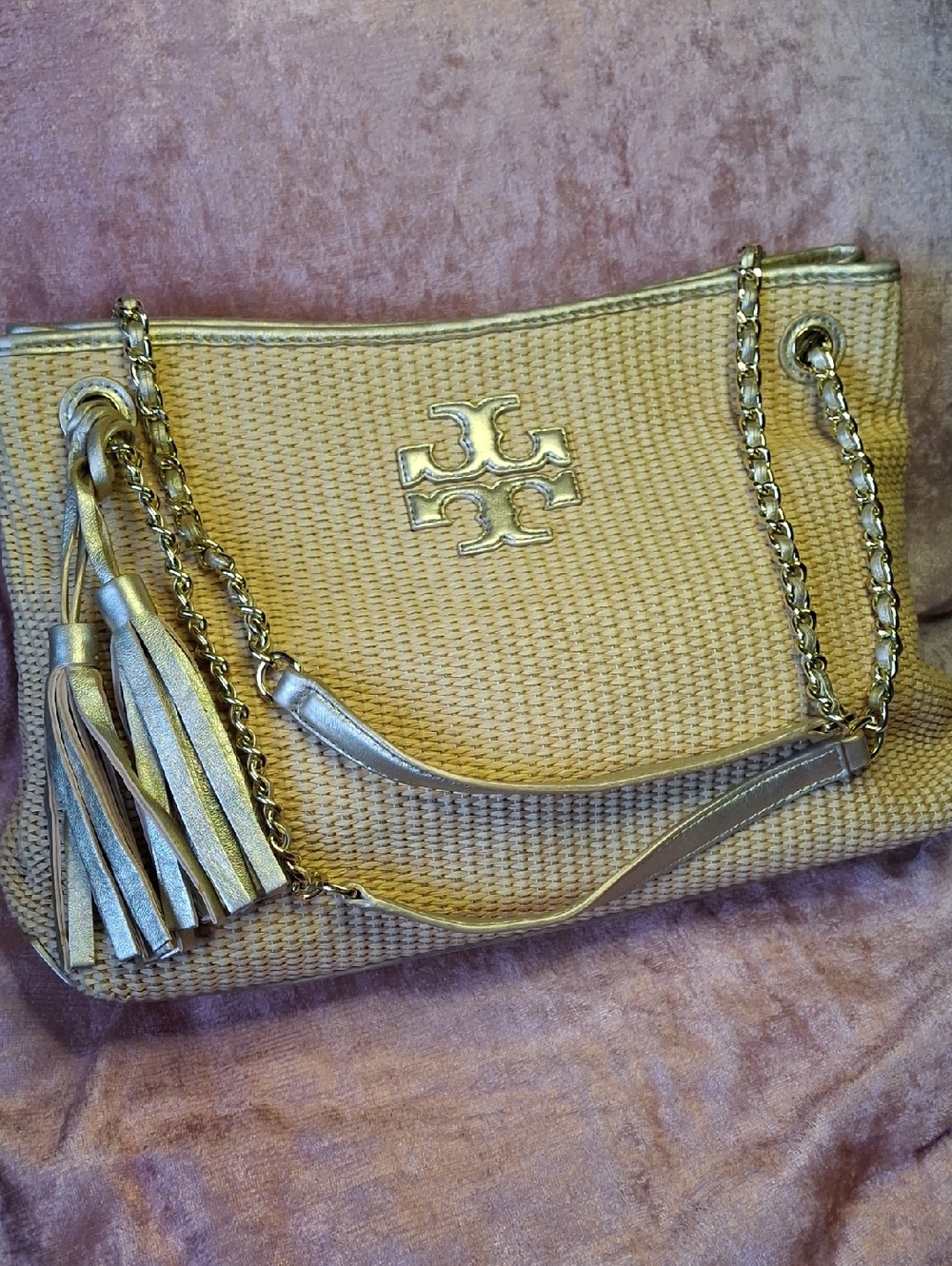 EUC Tory Burch Gold Raffia Shoulder Tote with Tassel